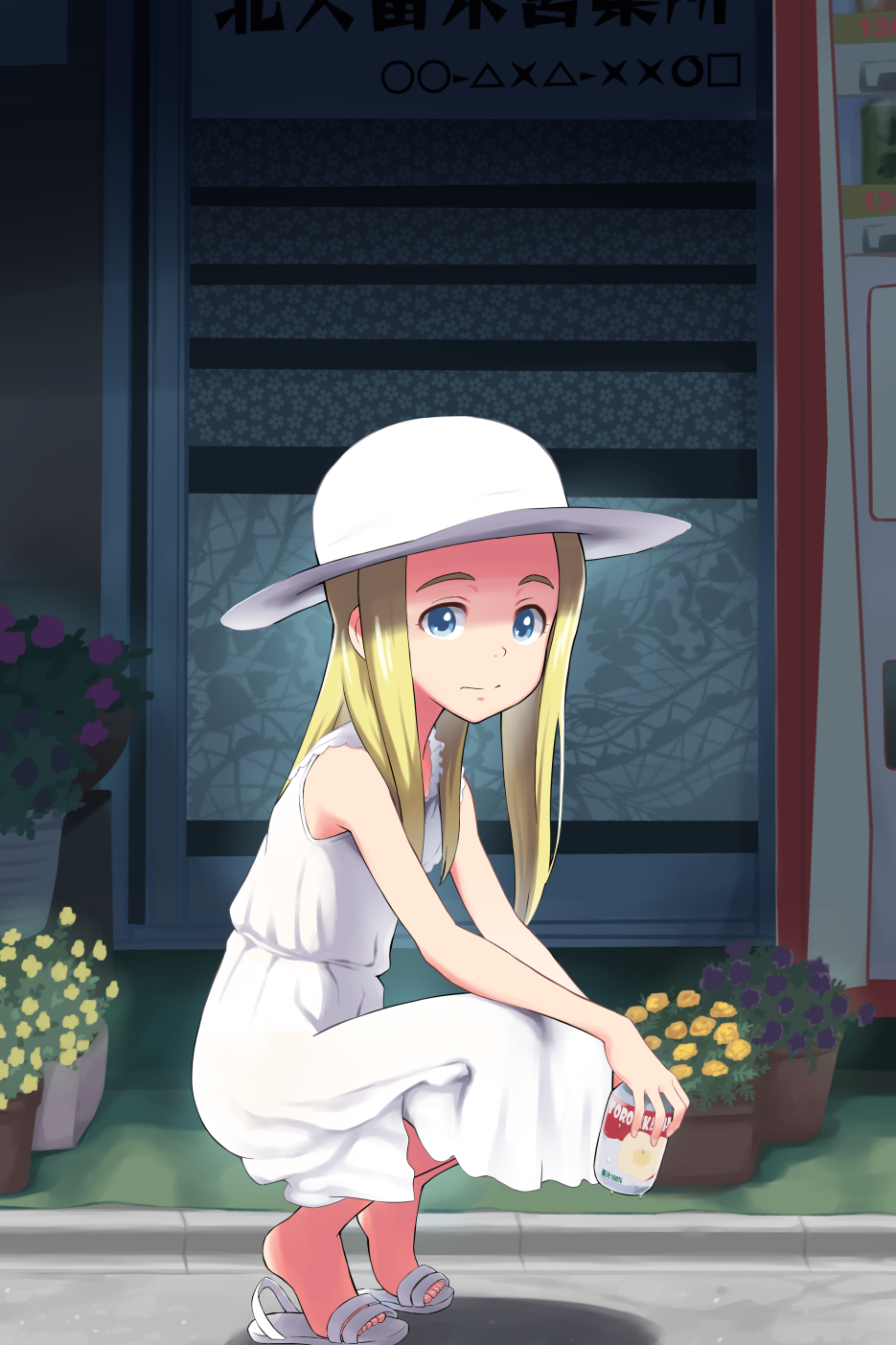 1girl, blonde_hair, blue_eyes, can, commentary_request, dress, eyebrows, flower