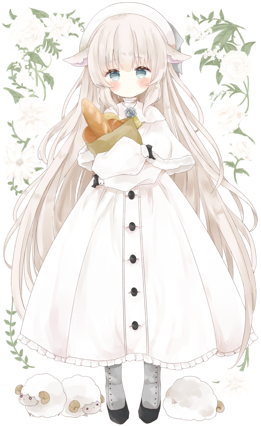 .live, 1girl, absurdres, animal, animal_ears, bag, baguette, bangs, bell, beret, black_gloves, blue_eyes, blush, boots, bread, capelet, closed_mouth, commentary_request, dress, eyebrows_visible_through_hair, floral_background, flower, food, frilled_dress, frills, full_body, fur-trimmed_capelet, fur_trim, gloves, grey_footwear, grey_hair, grey_rose, grocery_bag, hat, highres, long_hair, long_sleeves, looking_at_viewer, merry_milk, merry_milk_no_mori, object_hug, puffy_long_sleeves, puffy_sleeves, sheep, sheep_ears, shopping_bag, sleeves_past_wrists, solo, standing, tsukiyo_(skymint), very_long_hair, white_background, white_capelet, white_dress, white_flower, white_headwear