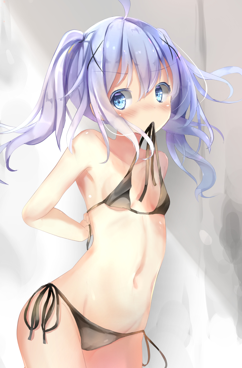 1girl, arms_behind_back, bangs, bare_arms, bare_shoulders, bikini, bikini_in_mouth, black_bikini