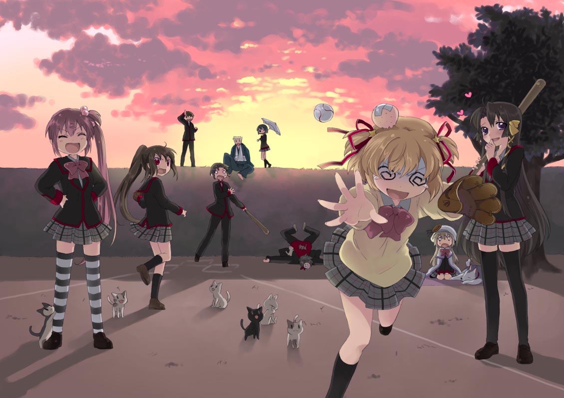 baseball, baseball_bat, baseball_mitt, black_hair, blonde_hair, brown_hair, cat, dog