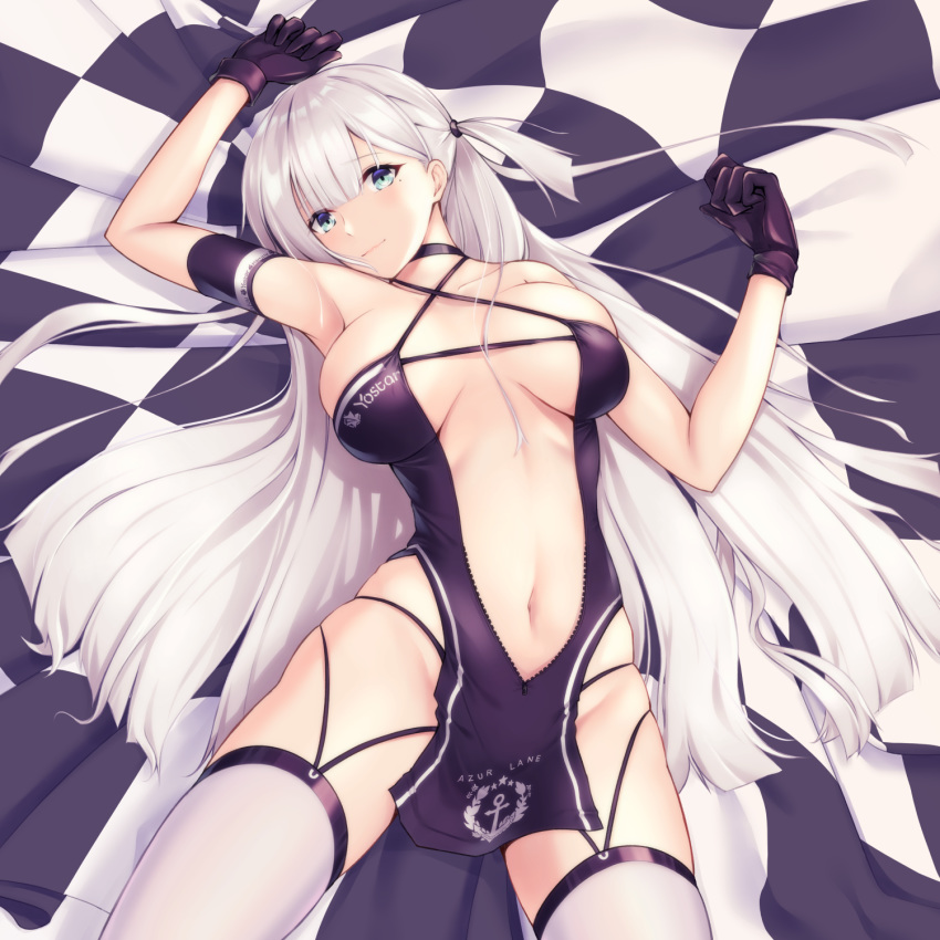 1girl, arm_strap, arm_up, azur_lane, bangs, bare_shoulders, black_choker, black_dress, black_gloves, blue_eyes, blunt_bangs, blush, breasts, breasts_apart, center_opening, checkered, checkered_flag, choker, closed_mouth, clothes_writing, copyright_name, criss-cross_halter, dress, enchuu_kakiemon, eyebrows_visible_through_hair, flag, garter_straps, gloves, halterneck, head_tilt, highres, large_breasts, long_hair, looking_at_viewer, mole, mole_under_eye, navel, one_side_up, racequeen, revealing_clothes, shoukaku_(azur_lane), silver_hair, smile, solo, stomach, straight_hair, thigh-highs, unzipped, very_long_hair, white_legwear