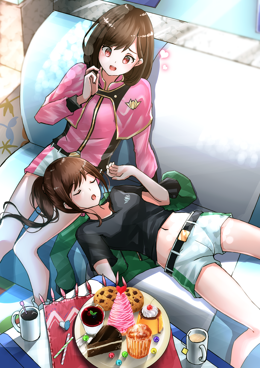 2girls, bangs, black_shirt, brown_hair, cake, closed_eyes, coffee, cookie, denim, denim_shorts, drinking_straw, food, haggy, hayami_sena, heart, highres, kiramei_green, kiramei_pink, looking_at_another, looking_down, lying_on_lap, mashin_sentai_kiramager, muffin, multiple_girls, ooharu_sayo, open_mouth, pink_eyes, shirt, short_shorts, shorts, sleeping, super_sentai, tea, tied_hair, yuri
