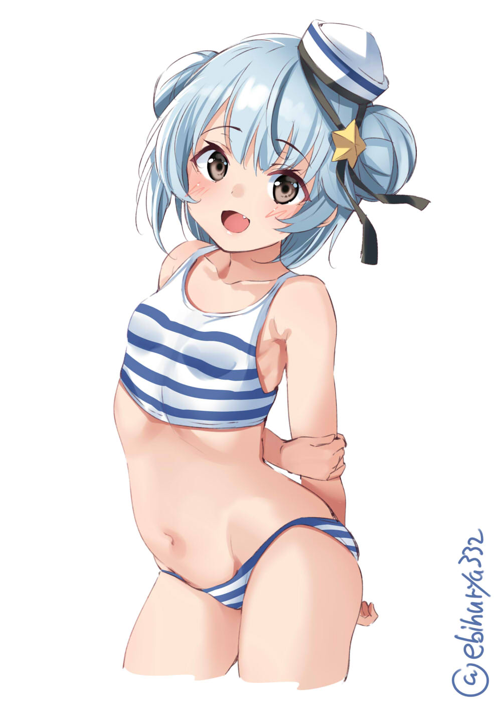 1girl, arms_behind_back, black_ribbon, blue_hair, breasts, cowboy_shot, dixie_cup_hat, double_bun, ebifurya, fang, fang_out, hat, hat_ribbon, highres, kantai_collection, military_hat, navel, open_mouth, ribbon, samuel_b._roberts_(kantai_collection), short_hair, smile, striped, striped_swimsuit, swimsuit, twitter_username, white_background, white_headwear, yellow_eyes