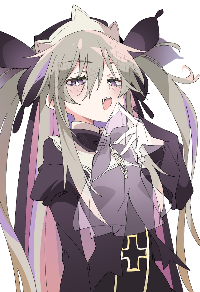 1girl, black_sleeves, blush, grey_hair, hair_between_eyes, hat, hijirime_laeria, hijirime_laeria_no_misa_no_jikan