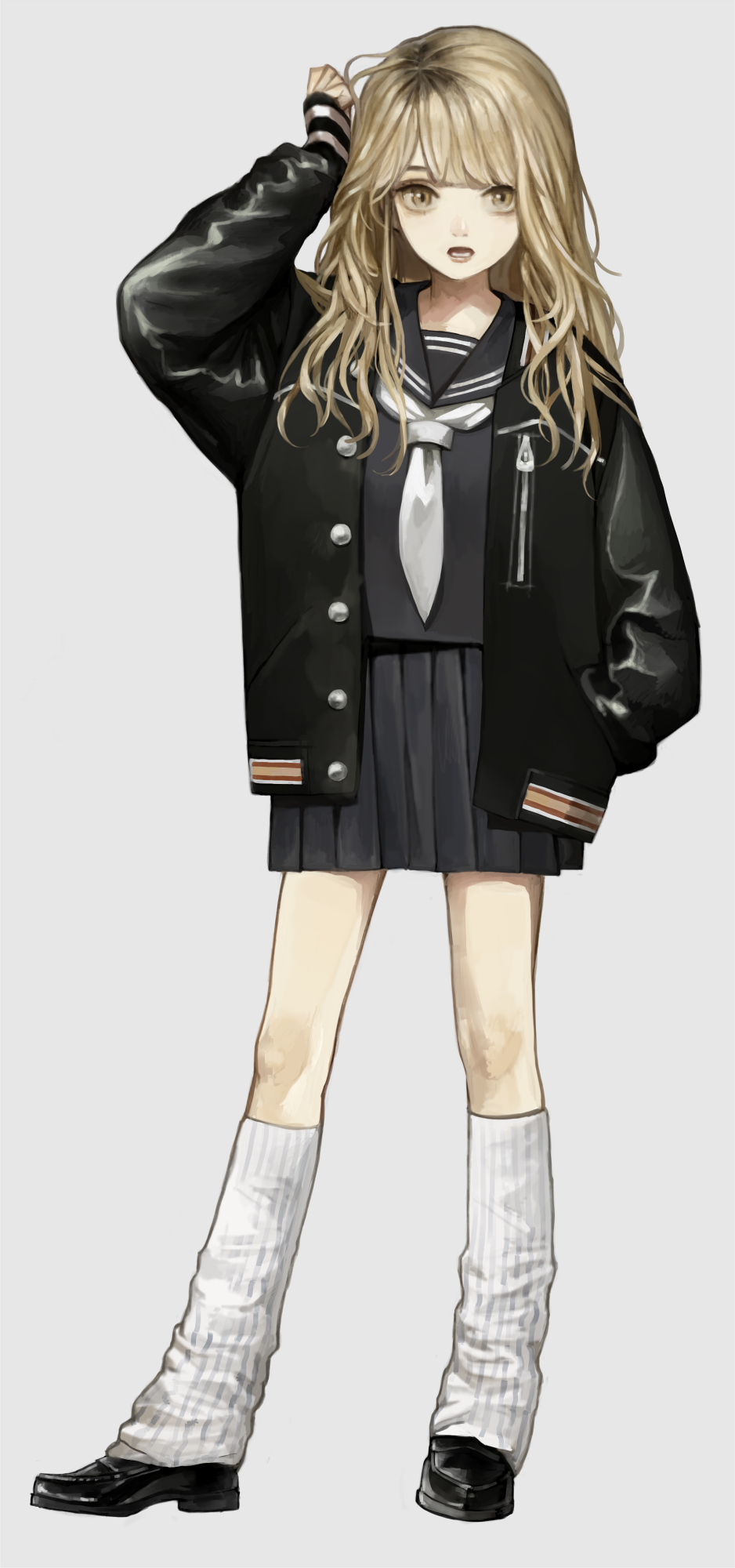 1girl, arm_up, black_footwear, black_jacket, black_serafuku, black_skirt, blonde_hair, grey_background