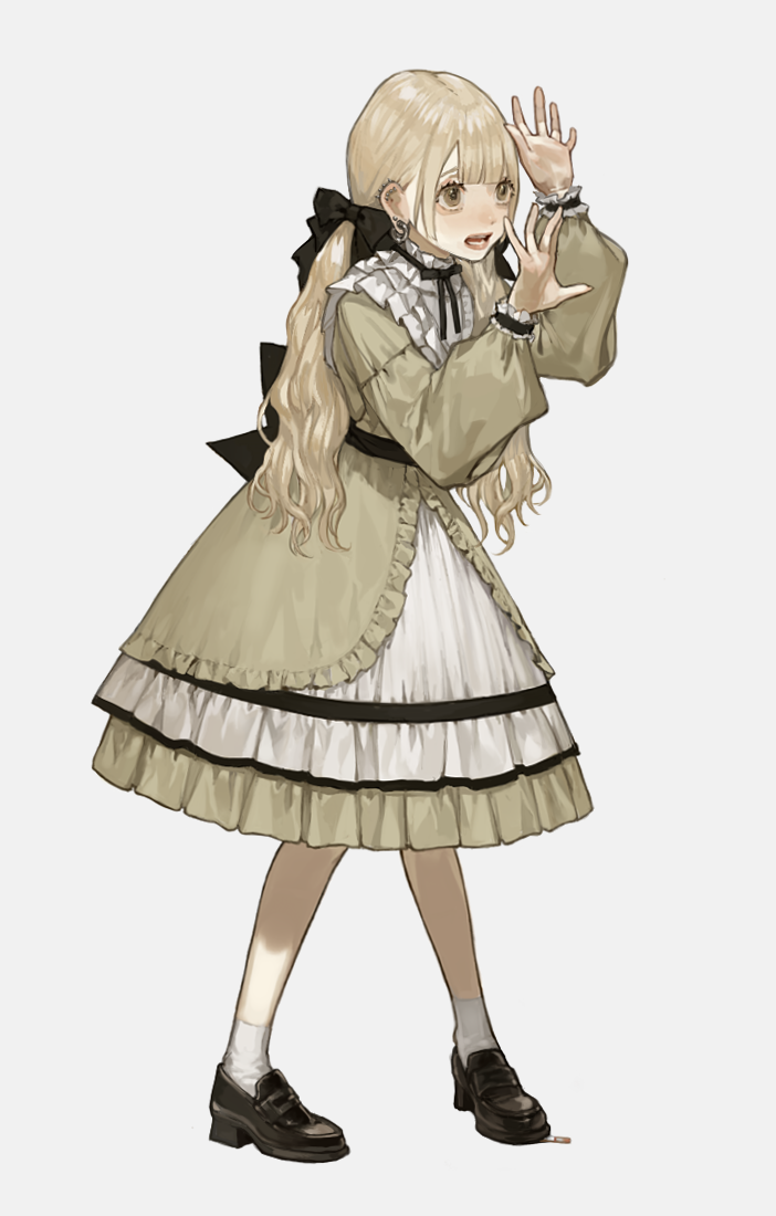 1girl, bangs, black_bow, black_footwear, blonde_hair, blunt_bangs, bow, brown_eyes
