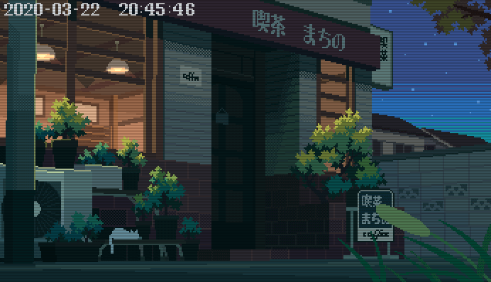 air_conditioner, animated, animated_gif, cafe, cat, dithering, door, hanging_light