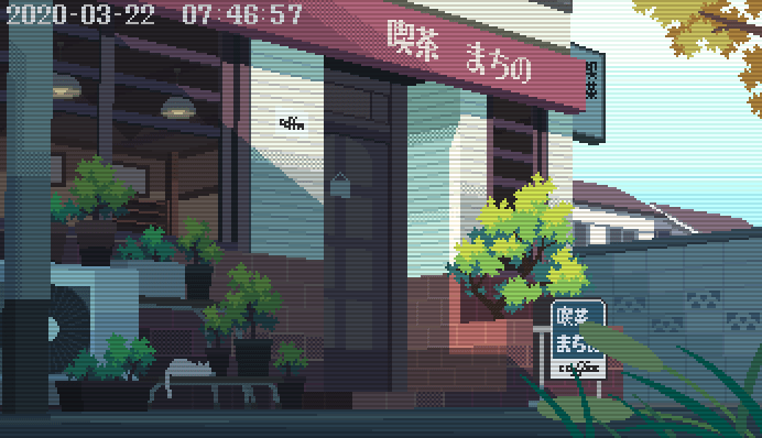 air_conditioner, animated, animated_gif, cafe, cat, dithering, door, hanging_light
