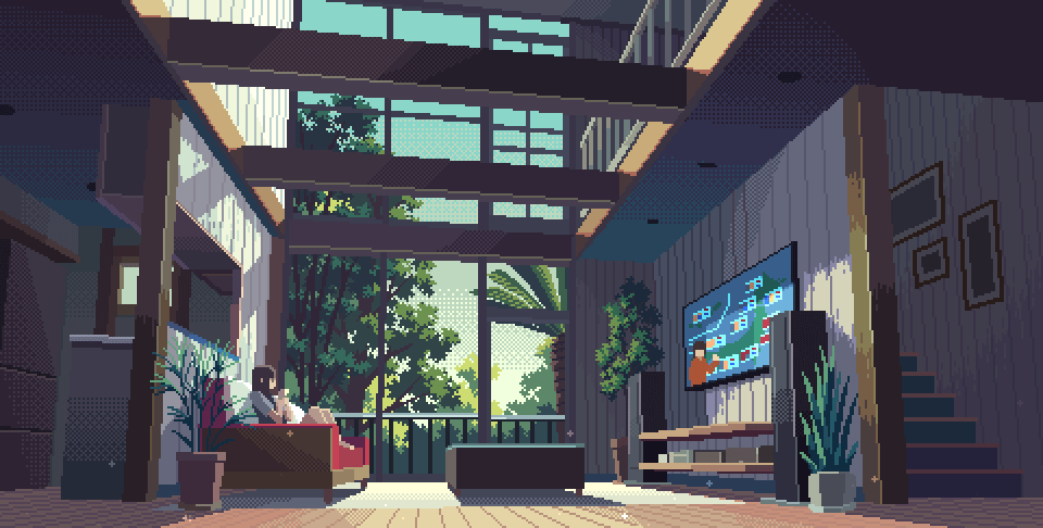 1girl, animated, animated_gif, clear_sky, coffee_table, couch, cup, day