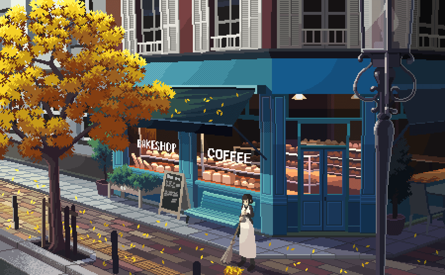 1girl, animated, animated_gif, autumn_leaves, awning, bakery, bench, black_hair