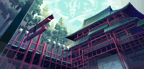 animated, animated_gif, architecture, clouds, dithering, dragon, east_asian_architecture, eastern_dragon, fog, lantern, lowres, no_humans, original, outdoors, pixel_art, railing, rooftop, setamo_map, shrine, sky, torii, tree, wooden_lantern