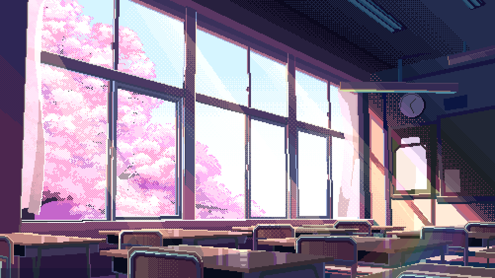 animated, animated_gif, ceiling_light, chalkboard, cherry_blossoms, classroom, clock, curtains