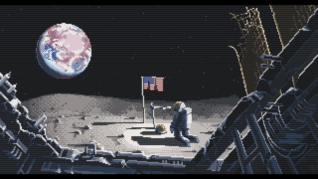 american_flag, animated, animated_gif, dithering, earth, glitch, moon, original, pixel_art, scanlines, setamo_map, solo, space, space_craft, spacesuit, star_(sky), wreckage