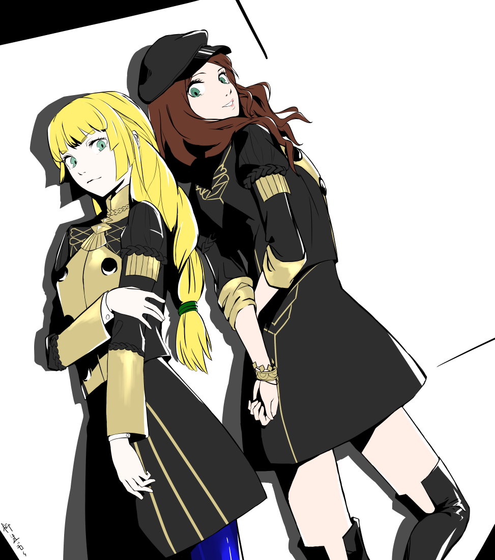 2girls, back-to-back, braid, braided_ponytail, dorothea_arnault, fire_emblem, fire_emblem:_three_houses, garreg_mach_monastery_uniform