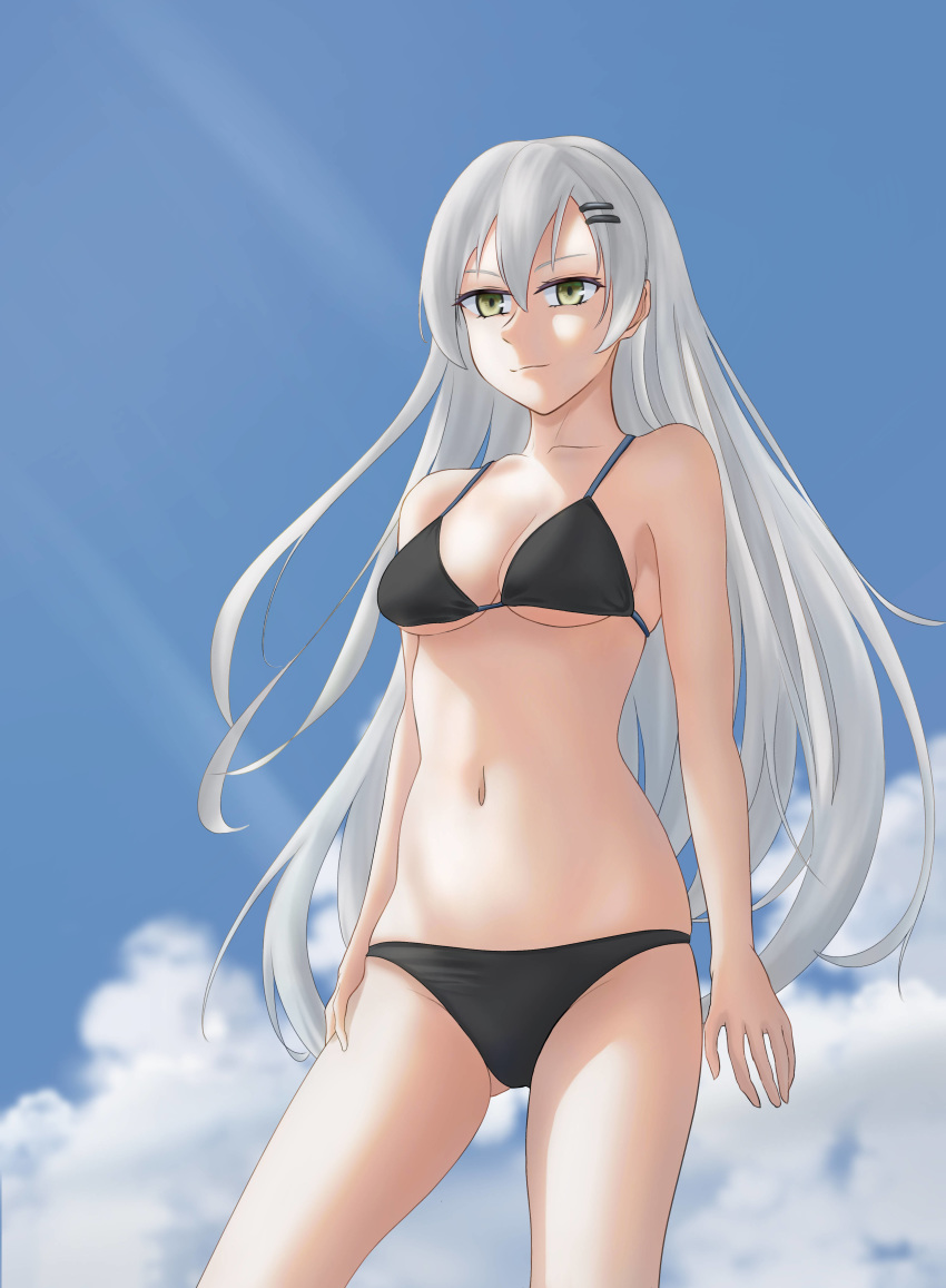 1girl, absurdres, barrette, bikini, bikini_top, black_bikini, blue_sky, breasts, girls_frontline, green_eyes, grey_hair, highres, long_hair, navel, silver_hair, simple_background, sky, skyblue, small_breasts, solo_focus, stomach, svd_(girls_frontline), swimsuit