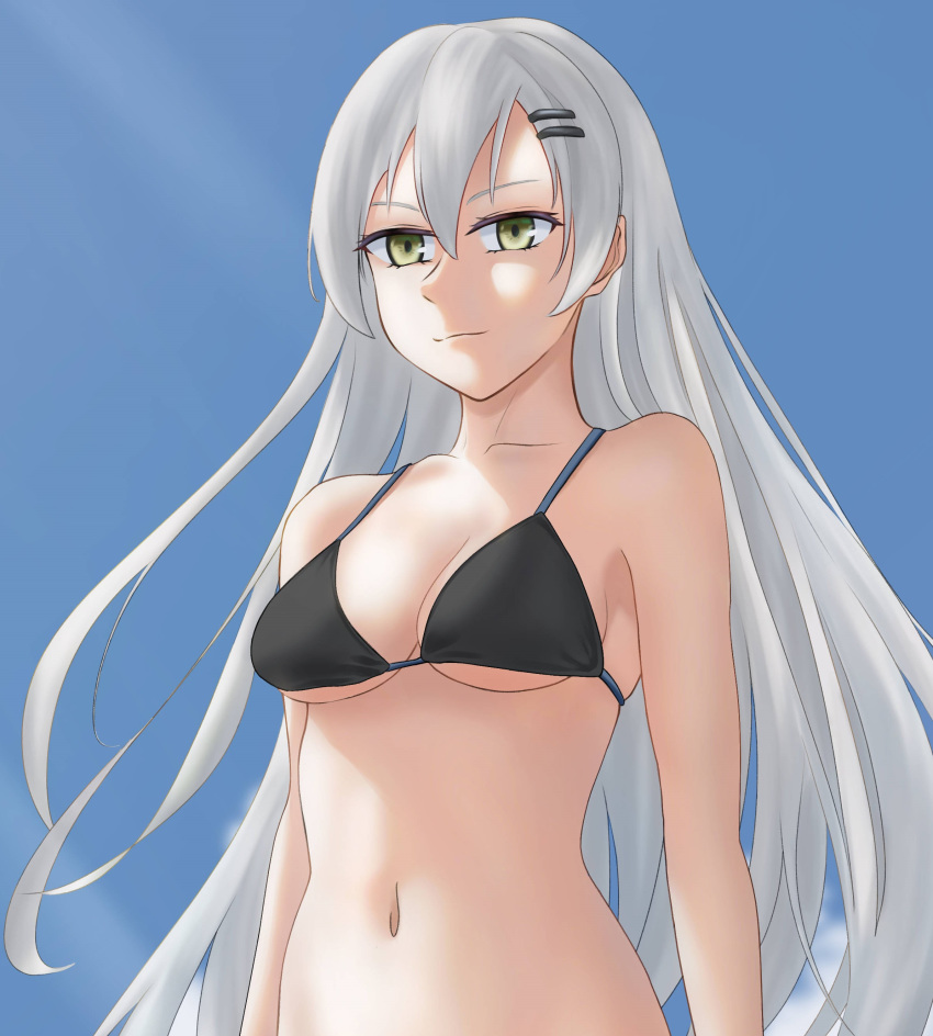 1girl, absurdres, barrette, bikini, bikini_top, black_bikini, blue_sky, breasts