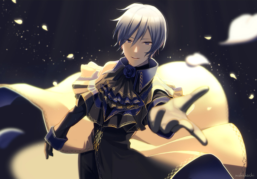 1boy, artist_name, black_background, black_capelet, black_gloves, black_robe, blue_eyes, blue_hair, blurry_foreground, capelet, commentary, falling_petals, foreshortening, gloves, kaito, looking_at_viewer, male_focus, nokuhashi, outstretched_arm, parted_lips, petals, project_diva_(series), reaching_out, rosa_blue_(module), smile, spotlight, upper_body, vocaloid
