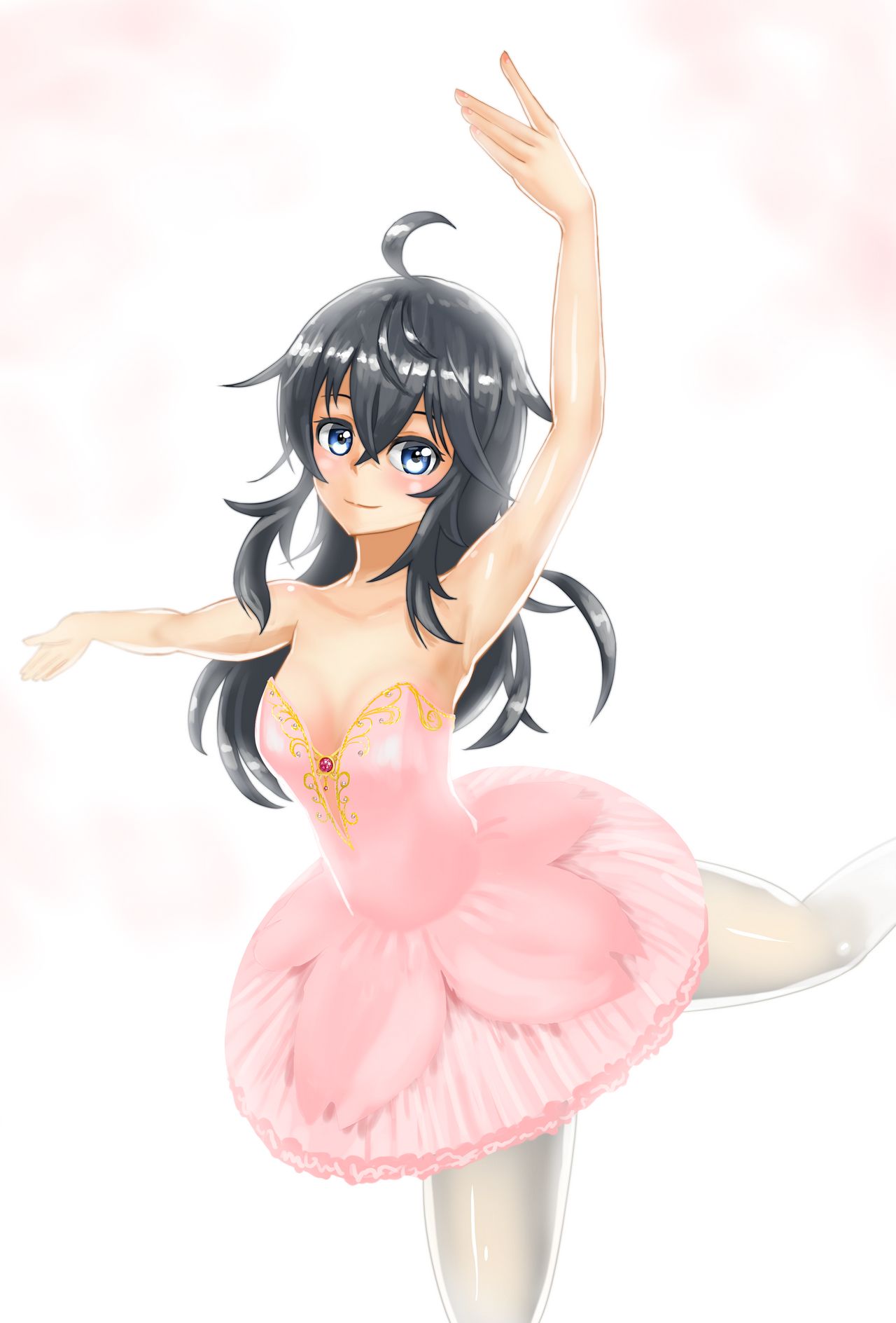 arabesque, arm_out, arm_over_head, arm_up, ballerina, ballet, black_hair, blue_eyes, blush, cleavage, cute, dengeki_bunko, fanart, fanart_from_deviantart, fringe, jewel, leg_up, looking_at_viewer, netoge_no_yome_wa_onna_no_ko_janai_to_omotta?, on_one_leg, pose, pretty, riskoayafumi, smile, smiling, tamaki_ako, tights, tutu, tutu_beautiful, tutu_cute, tututiful