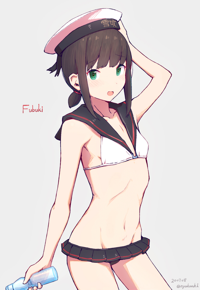 1girl, adapted_costume, bikini, bikini_skirt, black_hair, black_sailor_collar, bottle, breasts