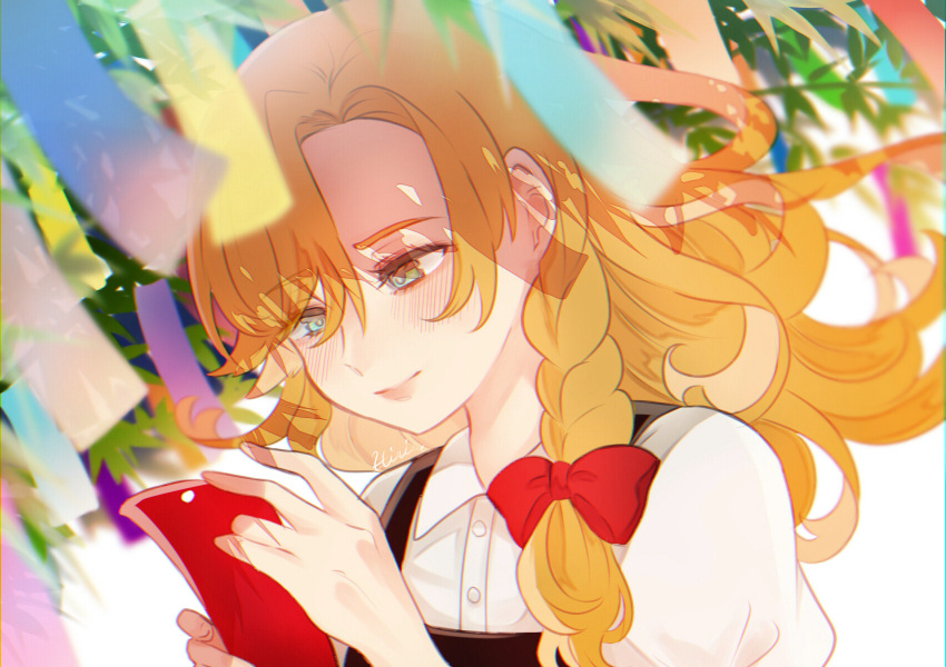 1girl, alternate_eye_color, arms_up, artist_name, bamboo, bangs, black_vest, blonde_hair