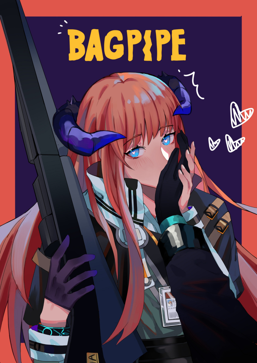 1girl, absurdres, arknights, bagpipe_(arknights), bangs, black_gloves, blue_eyes, border