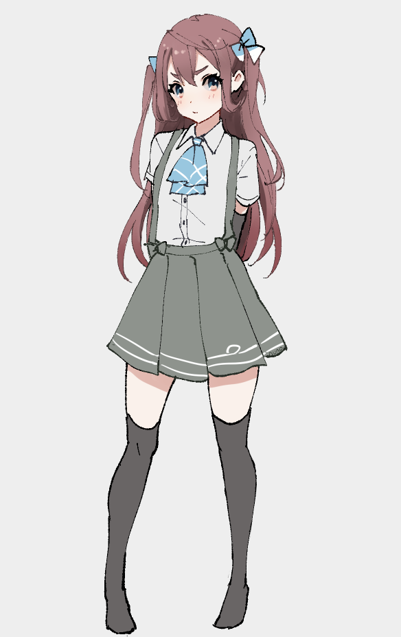 1girl, arm_warmers, arms_behind_back, asagumo_(kantai_collection), ascot, bangs, black_legwear, blue_bow, blue_neckwear, blush, bow, brown_hair, closed_mouth, collared_shirt, dress_shirt, full_body, grey_background, grey_skirt, hair_bow, kantai_collection, long_hair, looking_at_viewer, no_shoes, nuno_(pppompon), pleated_skirt, shirt, short_sleeves, simple_background, skirt, solo, standing, suspender_skirt, suspenders, thigh-highs, two_side_up, v-shaped_eyebrows, very_long_hair, white_shirt