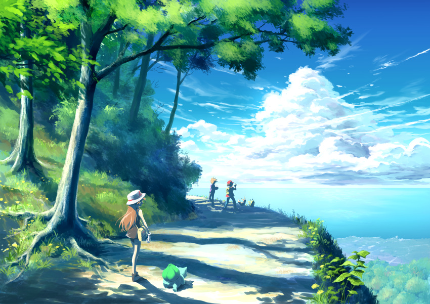 1girl, 2boys, absurdres, baseball_cap, blue_(pokemon), brown_hair, bulbasaur, clouds
