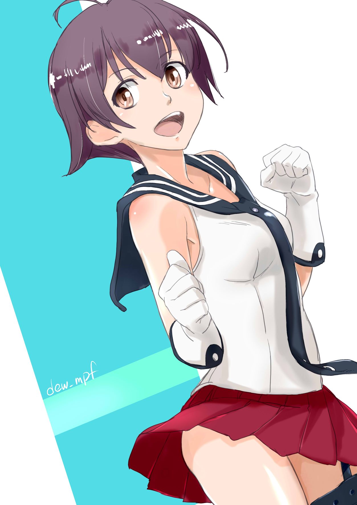 1girl, black_neckwear, black_sailor_collar, breasts, brown_eyes, commentary_request, cowboy_shot, gloves
