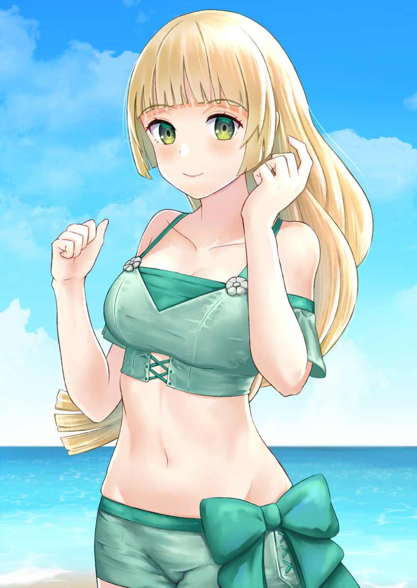 1girl, absurdres, beach, blonde_hair, blue_sky, bow, closed_mouth, clouds, day, fire_emblem, fire_emblem:_three_houses, fire_emblem_heroes, green_eyes, highres, ingrid_brandl_galatea, long_hair, midriff, outdoors, pppepetps, sky, smile, solo, swimsuit, water