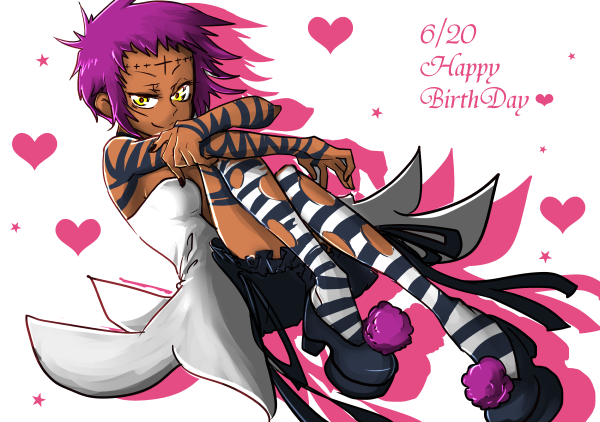 1girl, arm_ribbon, black_footwear, black_nails, black_ribbon, black_shorts, breasts, closed_mouth, crossed_arms, d.gray-man, dark_skin, dress, frilled_shorts, frills, full_body, heart, looking_at_viewer, nail_polish, purple_hair, ribbon, road_kamelot, seto_satoru, short_hair, shorts, shorts_under_dress, sleeveless, sleeveless_dress, small_breasts, smile, solo, strapless, strapless_dress, striped, striped_legwear, thigh-highs, torn_clothes, torn_legwear, white_background, white_dress, yellow_eyes