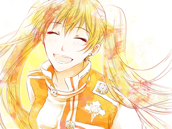 1girl, :d, asukawvm, blonde_hair, closed_eyes, d.gray-man, earrings, facing_viewer