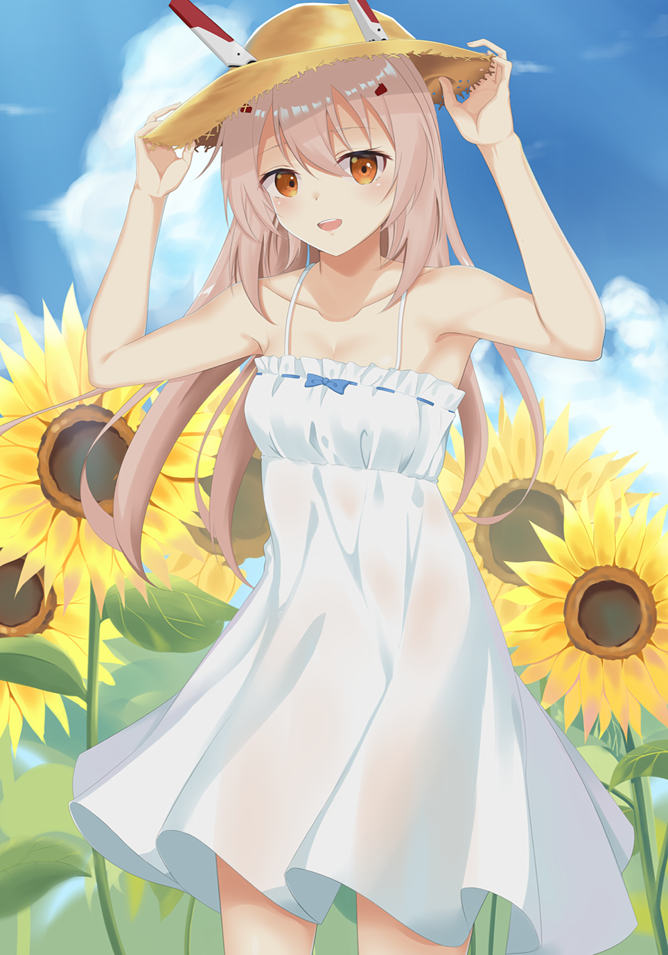 1girl, :d, adjusting_clothes, adjusting_hat, alternate_costume, alternate_hairstyle, armpits, ayanami_(azur_lane)