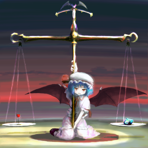 balance, blue_hair, chipika, hat, looking_at_viewer, lowres, oekaki, red_eyes