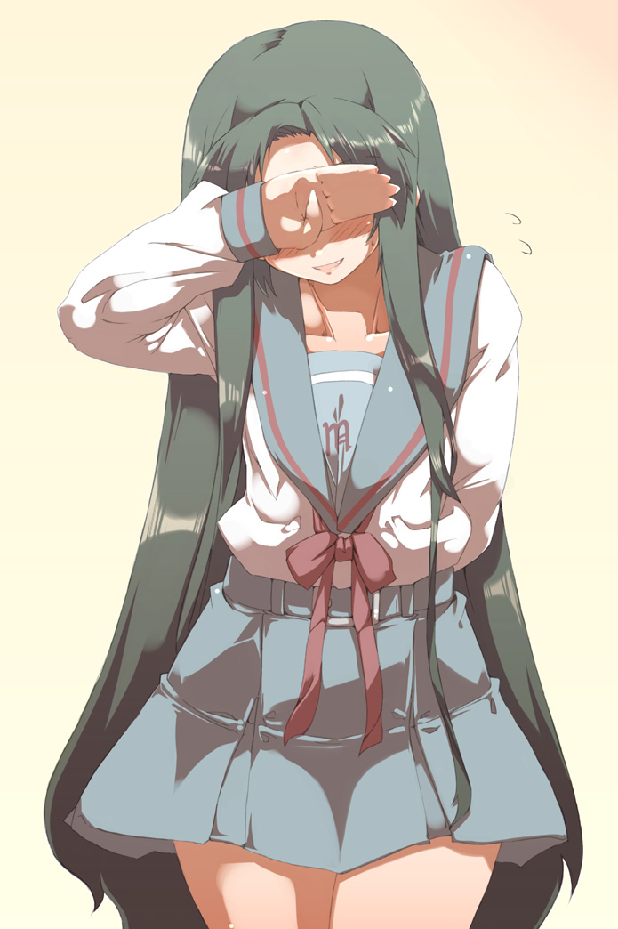 arm_behind_back, belt, blush, covering_face, green_hair, long_hair, school_uniform, serafuku
