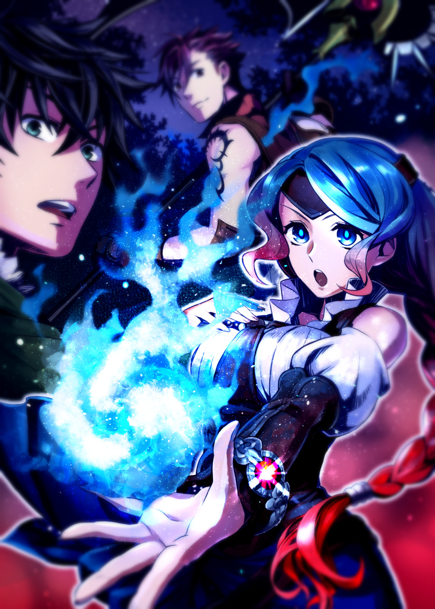 black_hair, blue_eyes, blue_hair, bracelet, braid, braided_ponytail, green_eyes, hands