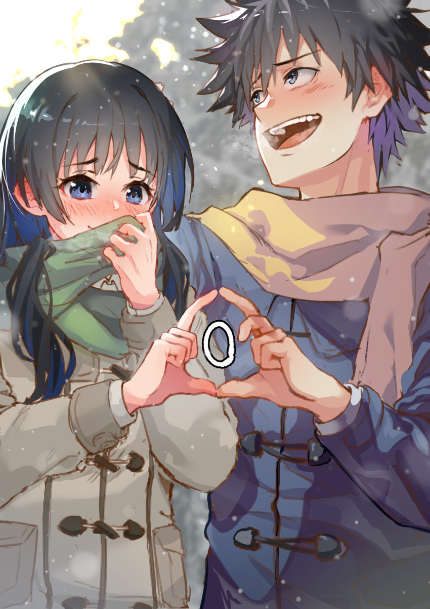 1boy, 1girl, :d, anbiya_h, bangs, black_hair, blue_coat, blue_eyes