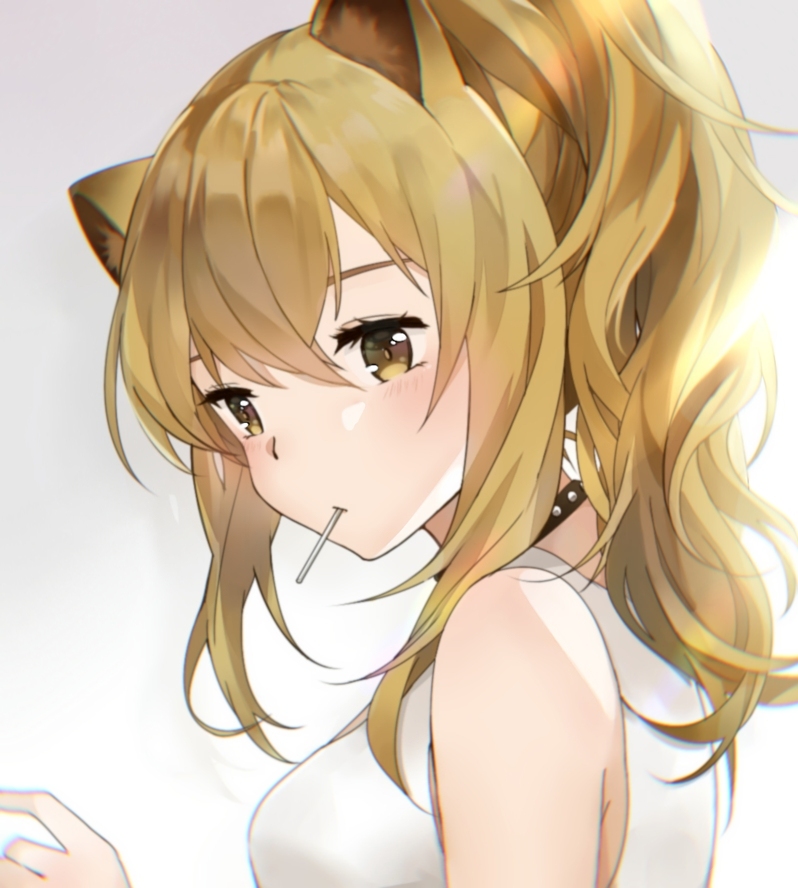 1girl, animal_ears, arknights, bangs, bare_shoulders, black_choker, blonde_hair, breasts