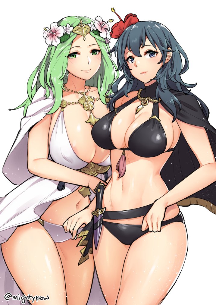 2girls, bangs, bikini, black_bikini, blue_eyes, blue_hair, breasts, byleth_(fire_emblem)