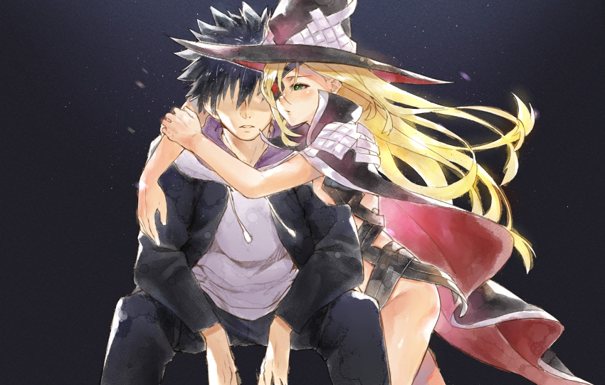 1boy, 1girl, absurdres, anbiya_h, arms_around_neck, black_background, black_hair, black_hoodie, black_legwear, blonde_hair, cape, closed_mouth, commentary, eyepatch, green_eyes, groin, hair_over_eyes, hair_over_one_eye, half-closed_eyes, hat, hidden_eyes, highres, hug, huge_filesize, imminent_kiss, kamijou_touma, long_hair, looking_at_another, othinus, pants, sitting, spiky_hair, spread_legs, standing, to_aru_majutsu_no_index, to_aru_majutsu_no_index:_new_testament, two-sided_fabric, very_long_hair, witch_hat