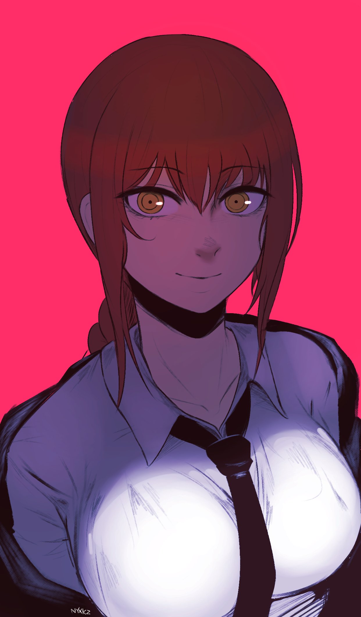 1girl, artist_name, bangs, black_jacket, black_neckwear, braid, braided_ponytail, breasts