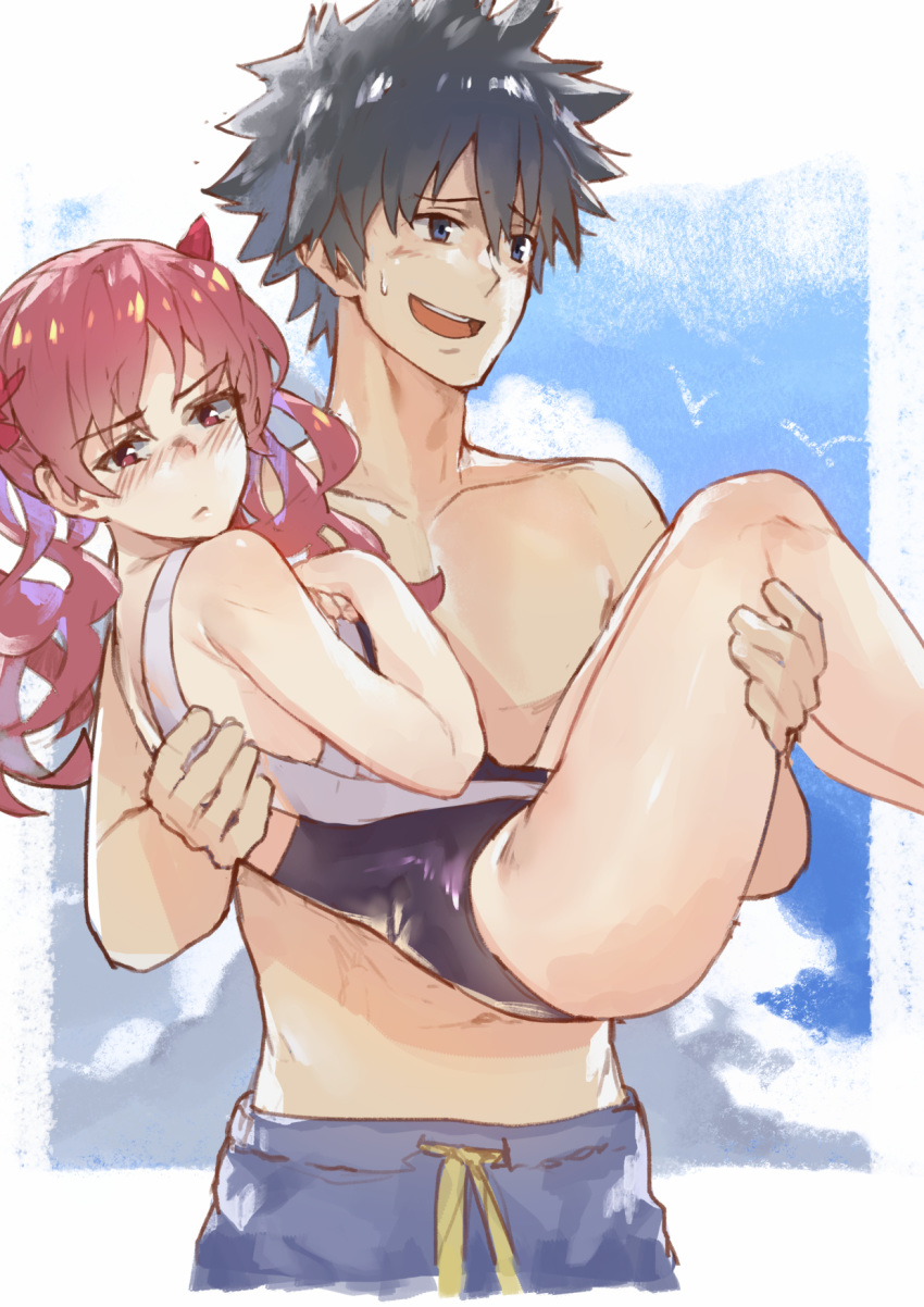 1boy, 1girl, anbiya_h, bangs, bare_chest, bird, black_hair, black_swimsuit, blue_eyes, blush, bow, carrying, clouds, commentary, cowboy_shot, embarrassed, furrowed_eyebrows, hair_bow, hands_on_own_chest, highres, kamijou_touma, light_frown, looking_away, looking_to_the_side, male_swimwear, nose_blush, one-piece_swimsuit, outside_border, princess_carry, red_bow, redhead, shirai_kuroko, sky, sweatdrop, swim_trunks, swimsuit, swimwear, to_aru_kagaku_no_railgun, to_aru_majutsu_no_index, to_aru_majutsu_no_index:_new_testament, twintails