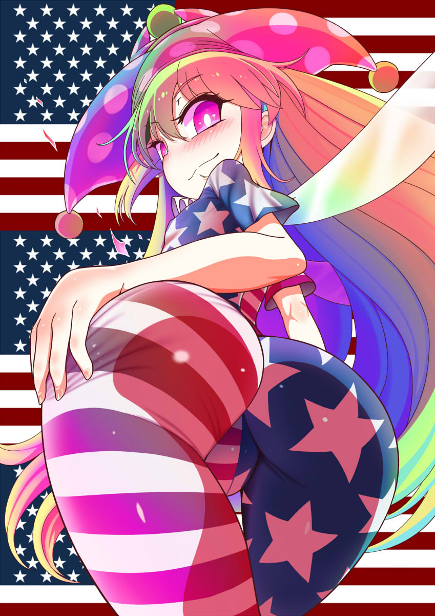 1girl, american_flag, american_flag_dress, american_flag_legwear, ass, blonde_hair, blue_hair, blush