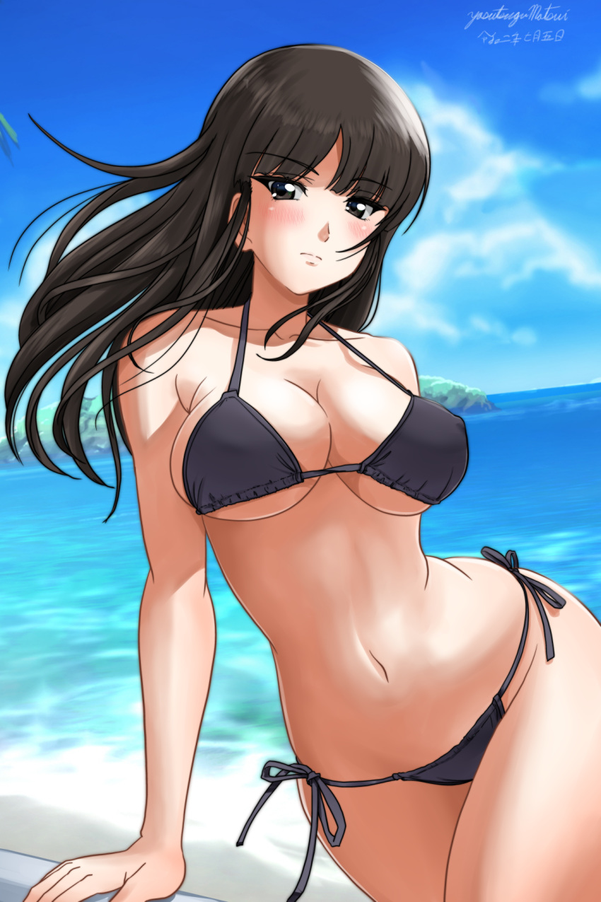 1girl, beach, bikini, black_eyes, black_hair, black_swimsuit, blue_sky, breasts, clouds, commentary_request, dated, day, girls_und_panzer, highres, horizon, island, large_breasts, long_hair, looking_at_viewer, matsui_yasutsugu, mature, nishizumi_shiho, ocean, outdoors, side-tie_bikini, sky, solo, swimsuit, twitter_username