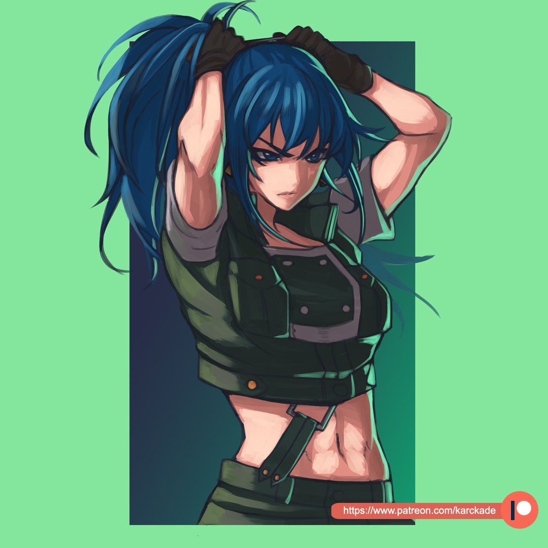 1girl, black_gloves, blue_eyes, blue_hair, earrings, gloves, green_background, green_jacket