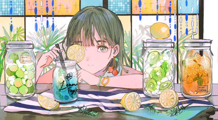 1girl, absurdres, bangs, bare_arms, bare_shoulders, blue_eyes, blue_nails, cherry_earrings