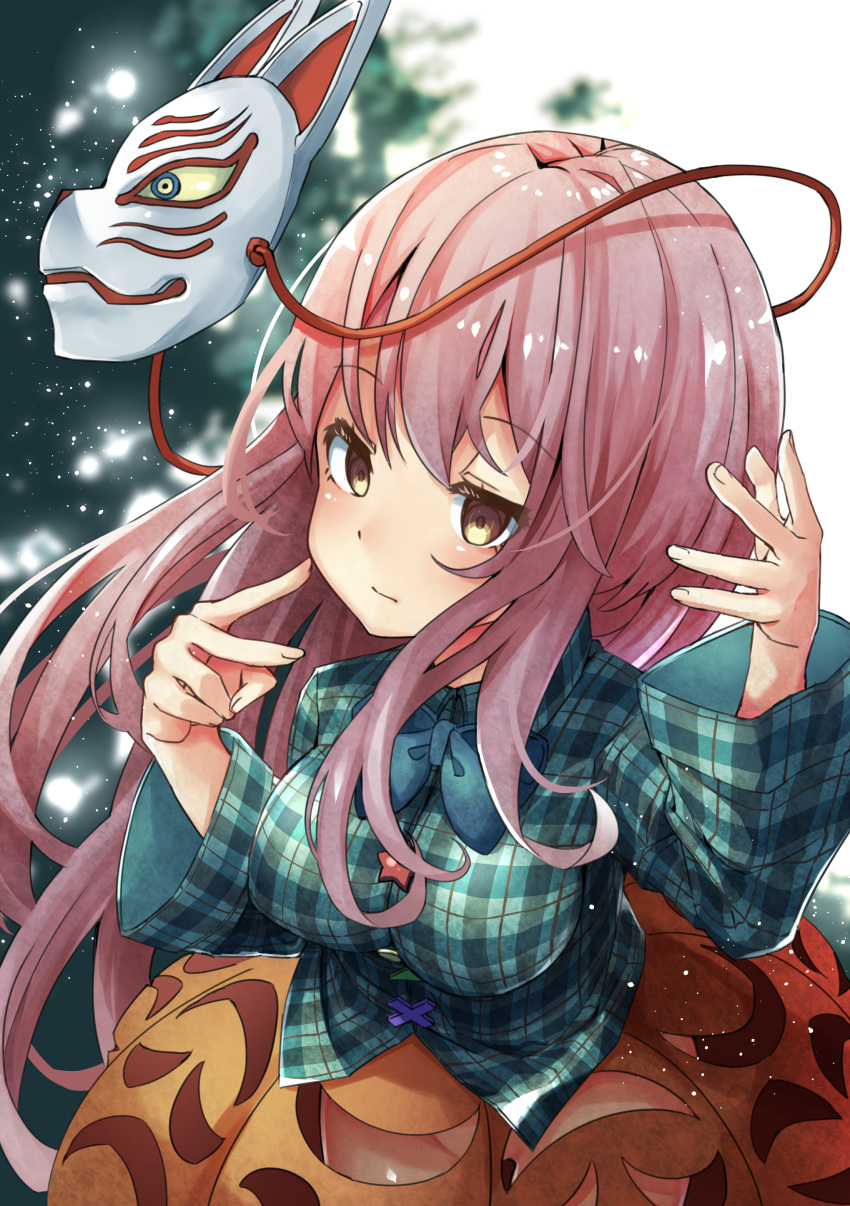 1girl, absurdres, alternate_eye_color, bangs, blue_neckwear, bow, bowtie, bubble_skirt, buttons, circle, closed_mouth, cross, eyebrows_visible_through_hair, fox_mask, hata_no_kokoro, highres, light_particles, long_hair, long_sleeves, mask, mask_on_head, no_panties, outdoors, pegashi, pink_hair, plaid, plaid_shirt, red_ribbon, ribbon, shirt, skirt, solo, standing, star_(symbol), touhou, tree, triangle, v, wide_sleeves, yellow_eyes