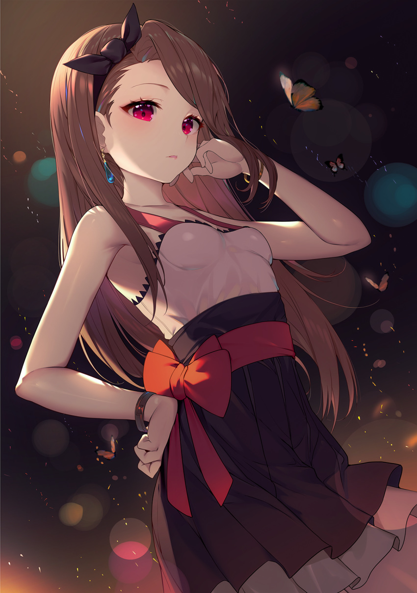 1girl, armpits, bangs, bare_arms, bare_shoulders, black_hairband, black_skirt, breasts
