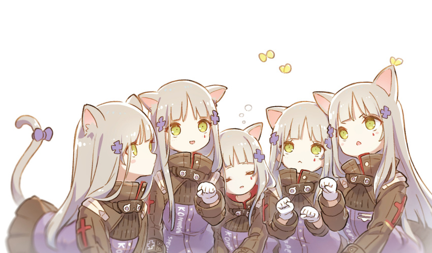 5girls, :<, :d, alithea_jane, animal, animal_ear_fluff, animal_ears, bangs, black_skirt, blush_stickers, bow, breasts, bug, butterfly, cat_ears, cat_girl, cat_tail, closed_eyes, closed_mouth, commentary_request, facial_mark, girls_frontline, gloves, green_eyes, grey_hair, hair_ornament, highres, hk416_(girls_frontline), insect, jacket, kemonomimi_mode, long_hair, long_sleeves, multiple_girls, multiple_persona, open_mouth, parted_lips, paw_pose, pleated_skirt, purple_bow, purple_jacket, simple_background, skirt, sleeping, small_breasts, smile, tail, tail_bow, very_long_hair, white_background, white_gloves