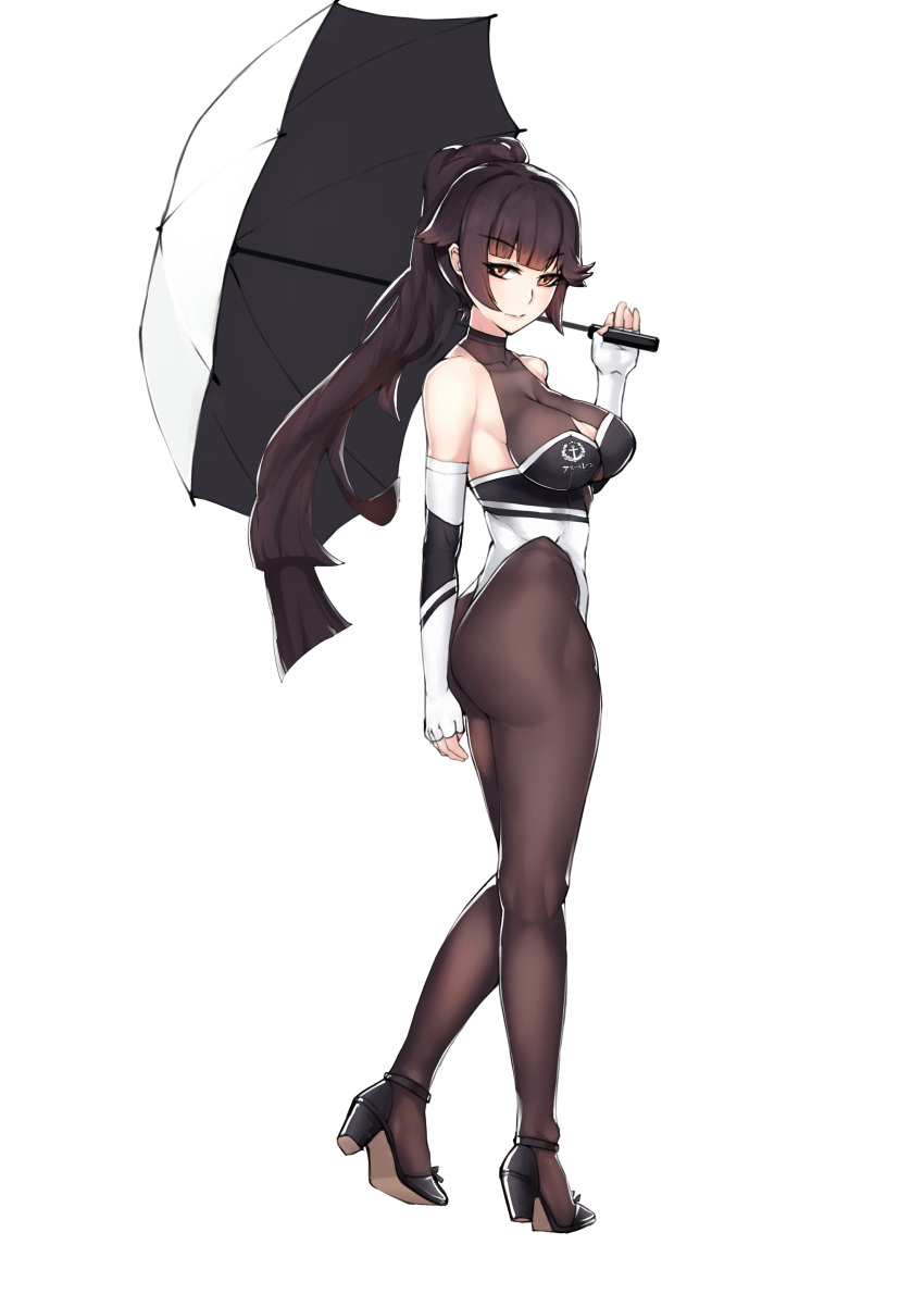 1girl, absurdres, ass, azur_lane, bare_shoulders, black_footwear, black_legwear, bow, breasts, brown_hair, cleavage_cutout, elbow_gloves, eyebrows_visible_through_hair, fingerless_gloves, full_body, gloves, hair_flaps, high_heels, highleg, highleg_leotard, highres, holding, holding_umbrella, impossible_clothes, leotard, long_hair, looking_at_viewer, medium_breasts, multicolored, multicolored_clothes, multicolored_leotard, orange_eyes, racequeen, simple_background, solo, takao_(azur_lane), takao_(full_throttle_charmer)_(azur_lane), tierla, two-tone_leotard, umbrella, unitard, white_background, white_bow
