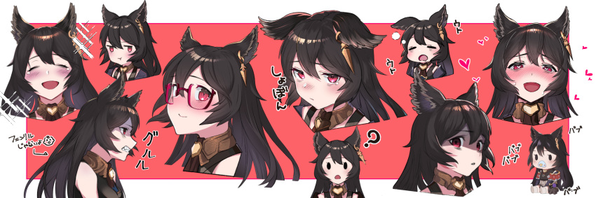 =_=, ?, bangs, black_hair, black_shirt, blush, border, chibi
